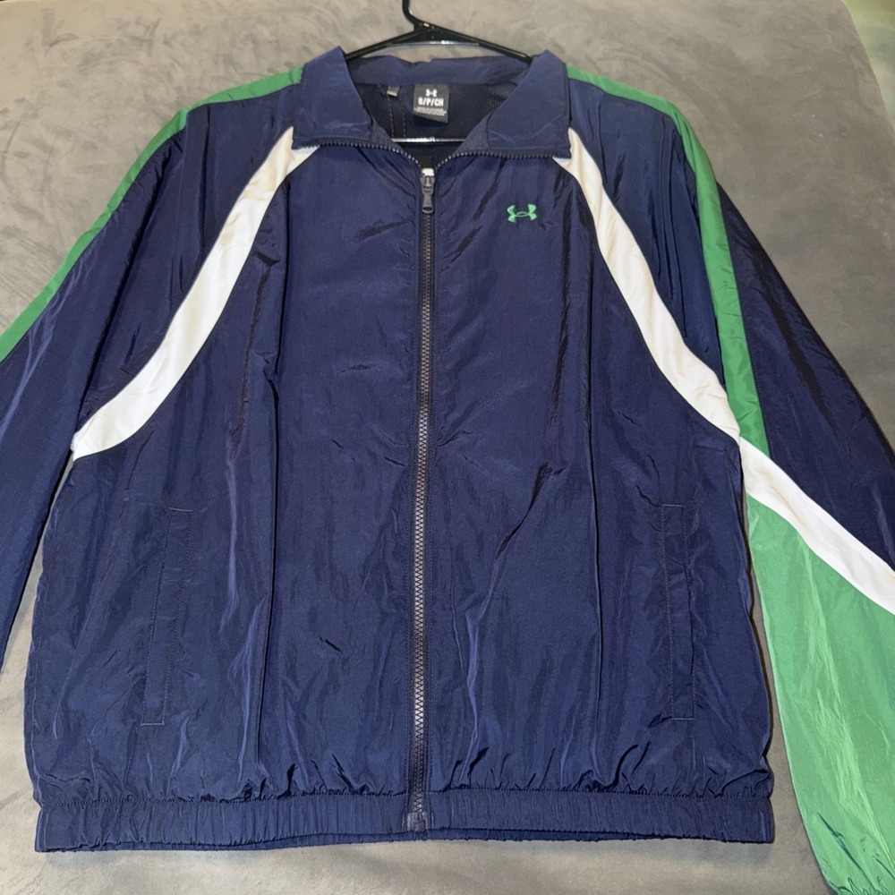 UA Women's Loose Wind Breaker Full Zip Jacket. Navy Blue/WHT/GRN Size Small